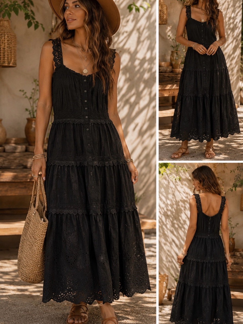 GAP × DÔEN Black Eyelet Tiered Midi Dress XL Cottagecore Boho (NWOT)